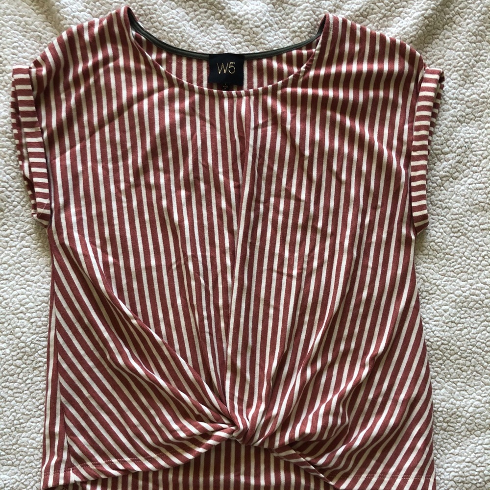 Red and cream striped, front knot tie T-shirt